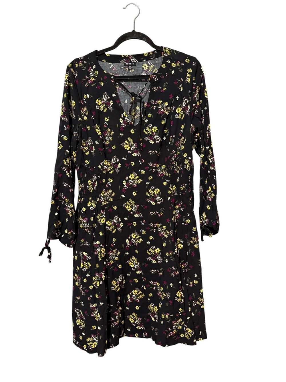 Torrid Floral Tie Neck Dress Black Long Sleeve Smocked Waist Size M